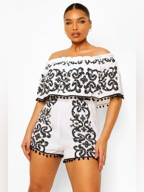 Boohoo Off The Shoulder Pom Pom Playsuit Romper